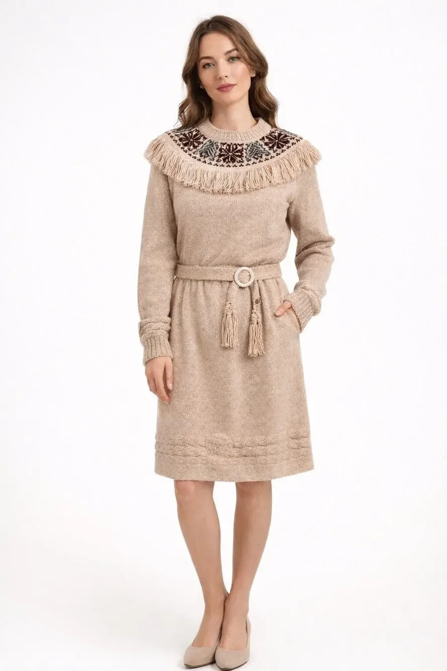 1970s Unbranded Nordic Knit Sweater & Skirt Set w/ Belt medium